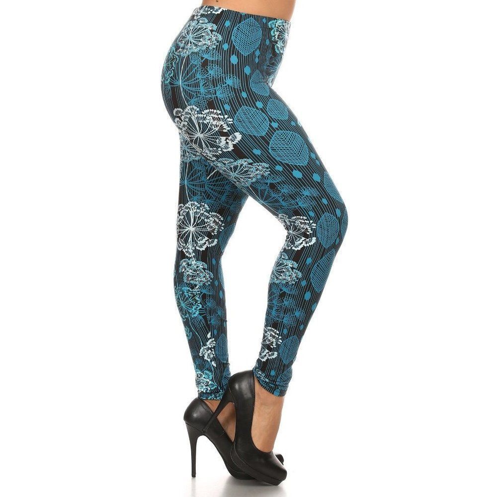 (Plus) Curvy Black White Blue Damask Floral Pattern Print Leggings